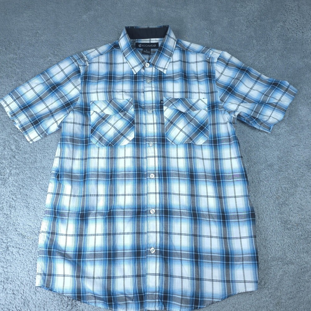 Rocawear Shirt Mens Large Blue Plaid Short Sleeve Button Up Casual Top